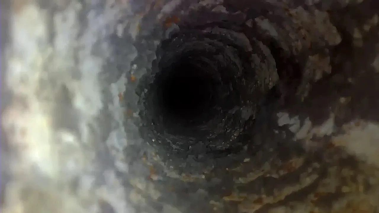 Inspection camera view of a circular air duct heavily encrusted with debris